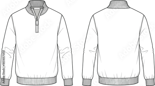 Pullover technical sketch, front and back view, high collar, half-zip closure, ribbed cuffs, hem, relaxed fit, fashion illustration