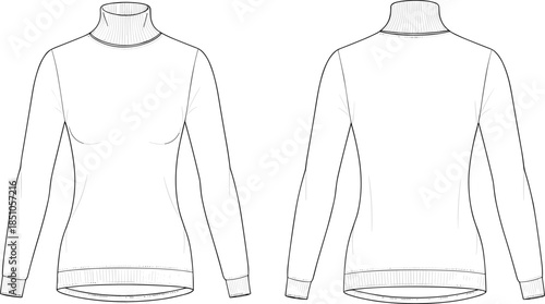 Women’s turtleneck sweater technical sketch, front and back view, ribbed collar, cuffs, hem, bust shaping, fashion illustration, garment design