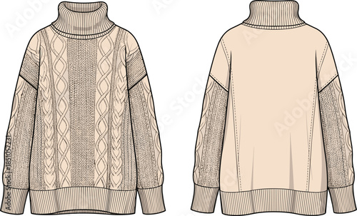 Turtleneck sweater fashion illustration, cable knit texture, front and back view, ribbed collar, cuffs, hem, winter garment, cozy knitwear design