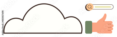 Cloud outline next to a search bar and thumbs-up hand. Ideal for cloud computing, data search, approval, online services, internet functionality, digital connection, simple flat metaphor