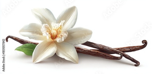 Realistic vanilla flower and dried pods on white vanilla bean