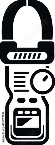 Clamp meter tool indicating electrical current and voltage measurement on a white background