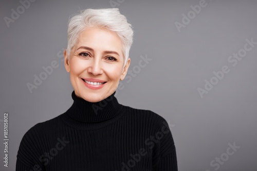 Portrait of an elderly woman with short white hair, wearing a black turtleneck sweater, isolated on a gray background, studio soft lighting, minimalist style, sharp focus