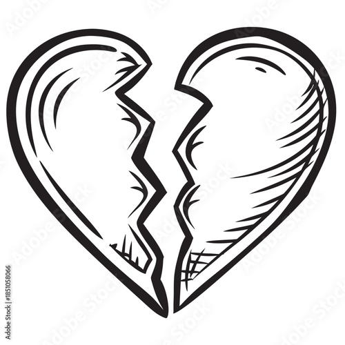 Black and white sketch style drawing of a heart cleanly split into two distinct jagged pieces