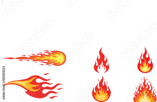Colorful fiery flame set with varied shapes and sizes vector art featuring isolated burning fire bursts and shooting fireball icons on white background