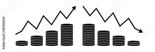 Minimalist vector art depicting fluctuating coin stacks with rising and falling arrow lines representing economic growth and decline in financial market analysis