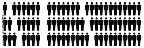 Black silhouette icons set of multiple human figures standing in rows variety of male and female shapes different sizes diverse group simple vector design isolated on white background