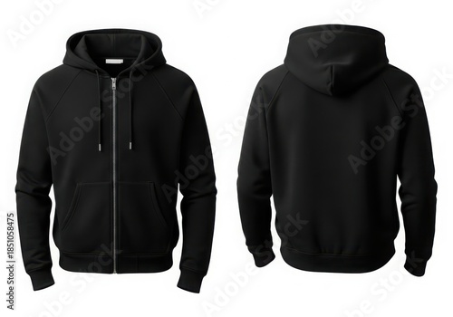 Plain black zip up hoodie front and back view