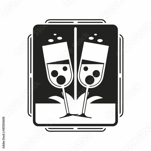 Two clinking champagne flutes icon celebrating a special occasion with bubbly drinks in black and white