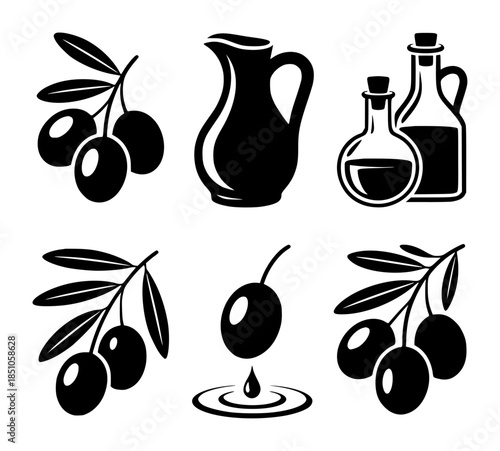 Black olive oil set with pitcher bottles and olives branches editable