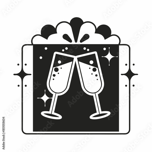Black and white icon graphic featuring two champagne flutes clinking inside a stylized gift box border