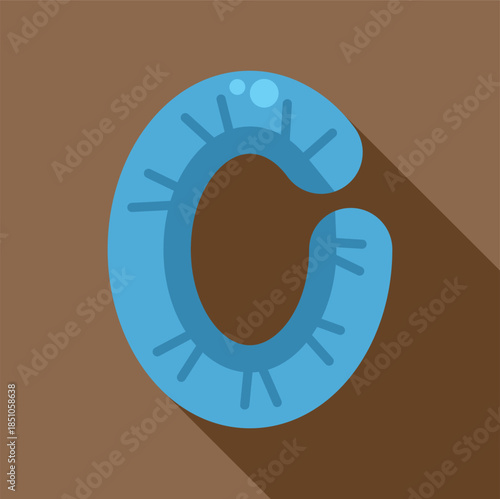 Blue letter c icon with a long shadow on a brown background, featuring a flat design style