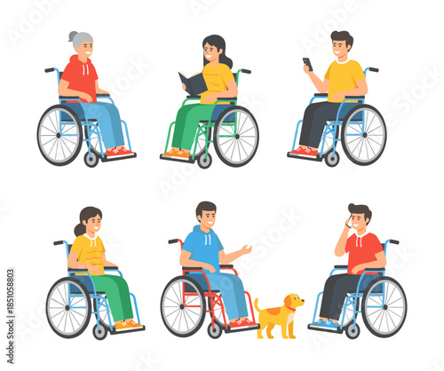 Diverse people with disabilities using wheelchairs illustration