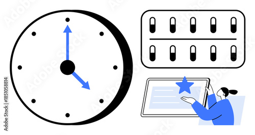 Time management, healthcare routines, medication organization, reminders, digital tracking, productivity. Clock, pill organizer person using tablet. Time management and healthcare routines focus