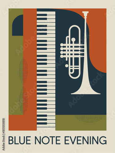 Mid-century modern jazz poster with abstract piano and trumpet in deep blue and cream, accented by burnt orange and olive shapes.