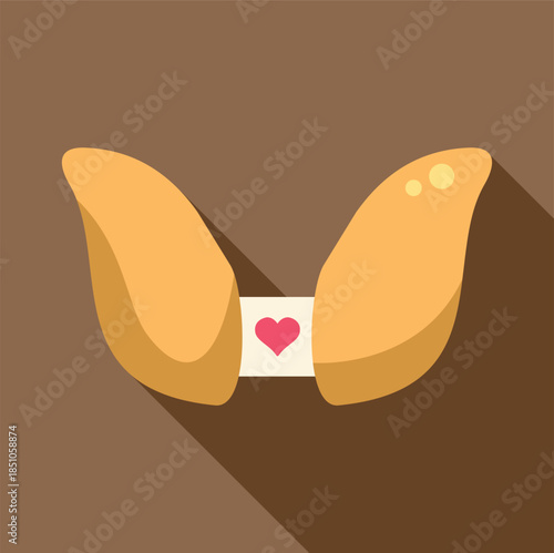 Fortune cookie showing a heart prediction for love and romance, flat design