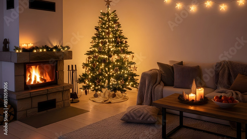 Cozy Christmas Living Room with Decorated Tree