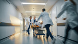 Emergency Room Doctors Rushing A Patient On A Stretcher Through A Corridor, Urgency, Emergency, Hospital, Action, Healthcare, Saving Lives, Motion Blur, Dramatic