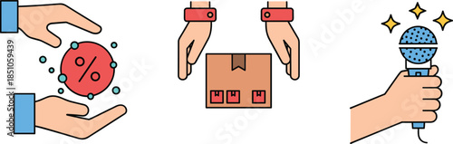 Business Service Icons Set with Discount Delivery Package and Microphone Hand Gestures in Flat Vector Illustration