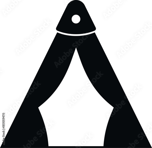 Black and white triangular tent icon for outdoor recreation symbolizing shelter and tourism