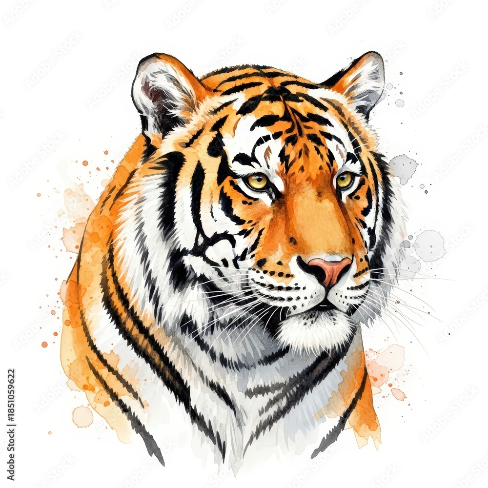 Obraz premium Majestic Tiger Portrait with Watercolor Effects and Vibrant Orange and Black Stripes