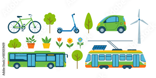 Eco friendly city transport and sustainable green energy elements