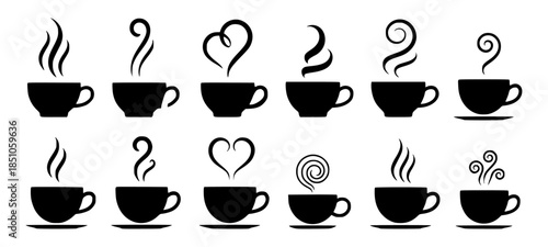 Collection of black silhouette coffee cups with steam in various stylized forms editable drink