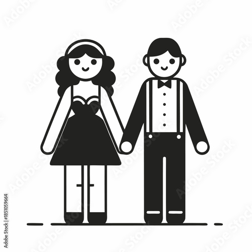 Simple black and white icon of a happy couple dressed formally holding hands for a celebration