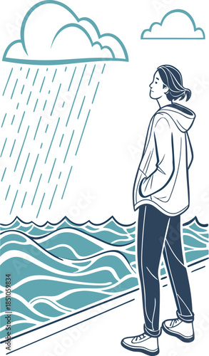 Person looking out at rainy landscape with clouds