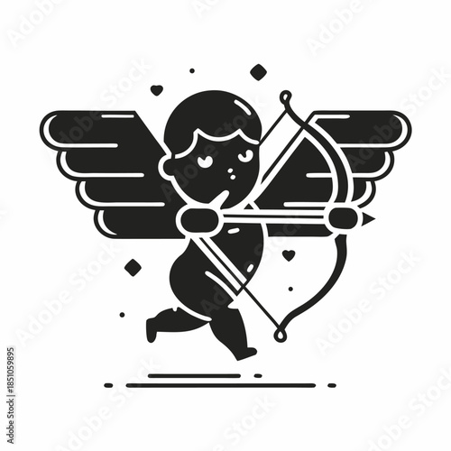Stylized black and white icon of a running cupid character aiming his bow and arrow for romance