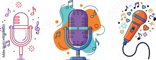 Colorful Microphone and Music Icons Set with Singing Podcast and Audio Recording Concept in Flat Cartoon Vector Style