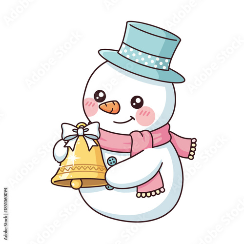 Cute Snowman Holding a Golden Bell with a Pink Scarf and Blue Hat, Christmas Illustration