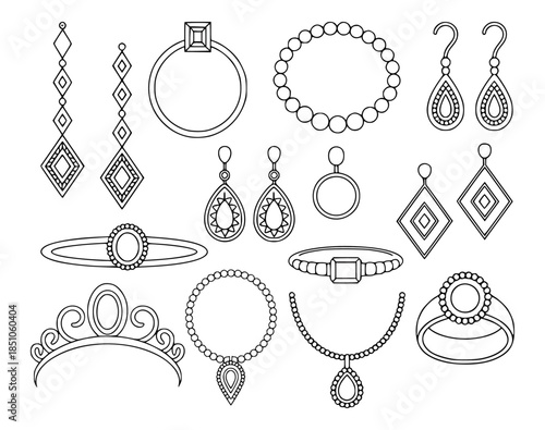 Collection of outline jewelry including rings earrings necklaces and tiara editable symbol