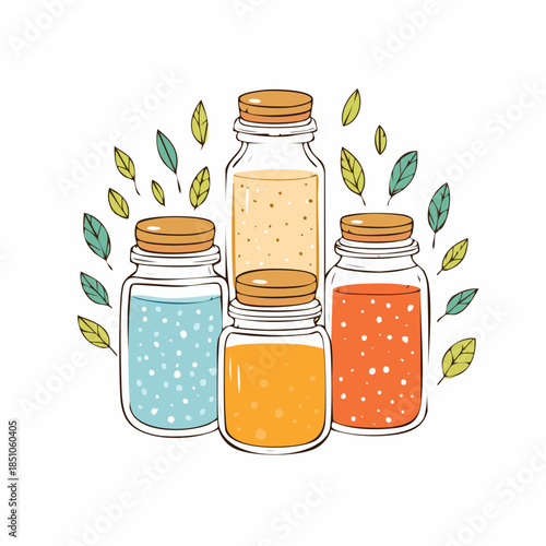 Whimsical cartoon drawing featuring a quartet of charming jars filled with vibrant liquids and surrounded by a delightful wreath of colorful leaves