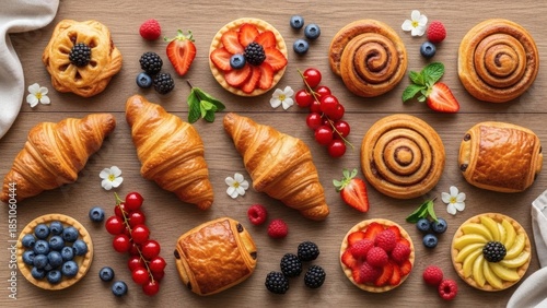 Delicious pastries and fresh berries arranged on wooden table for National Cream Puff Day