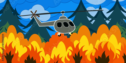 A helicopter hovers above a fierce forest fire, spraying water to quell the flames, highlighting the heroism and coordination involved in wildfire .