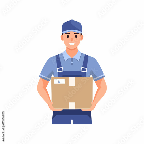 Delivery man holding a package in a uniform with a cap and blue overalls