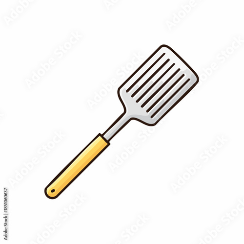 Illustration of a kitchen spatula with a yellow handle, a common utensil for flipping food