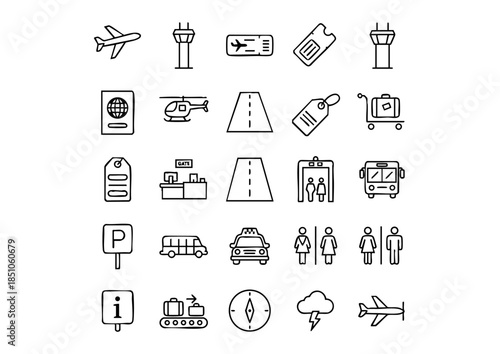 Global Aviation & Travel Icon Set, Modern Airport Terminal Vector Symbols, Logistics & Air Transport Minimalist Collection