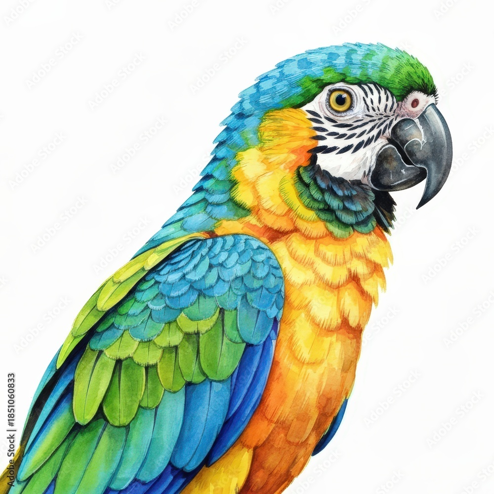 Fototapeta premium Colorful Parrot Displaying Vibrant Feathers in Detail Against White Background
