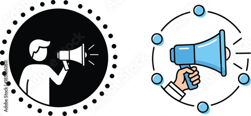 Communication and Announcement Icons Set with Speaker Silhouette and Megaphone in Flat Vector Illustration Style
