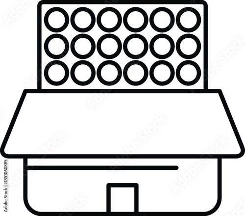 Open cardboard box with an egg carton filled with many eggs