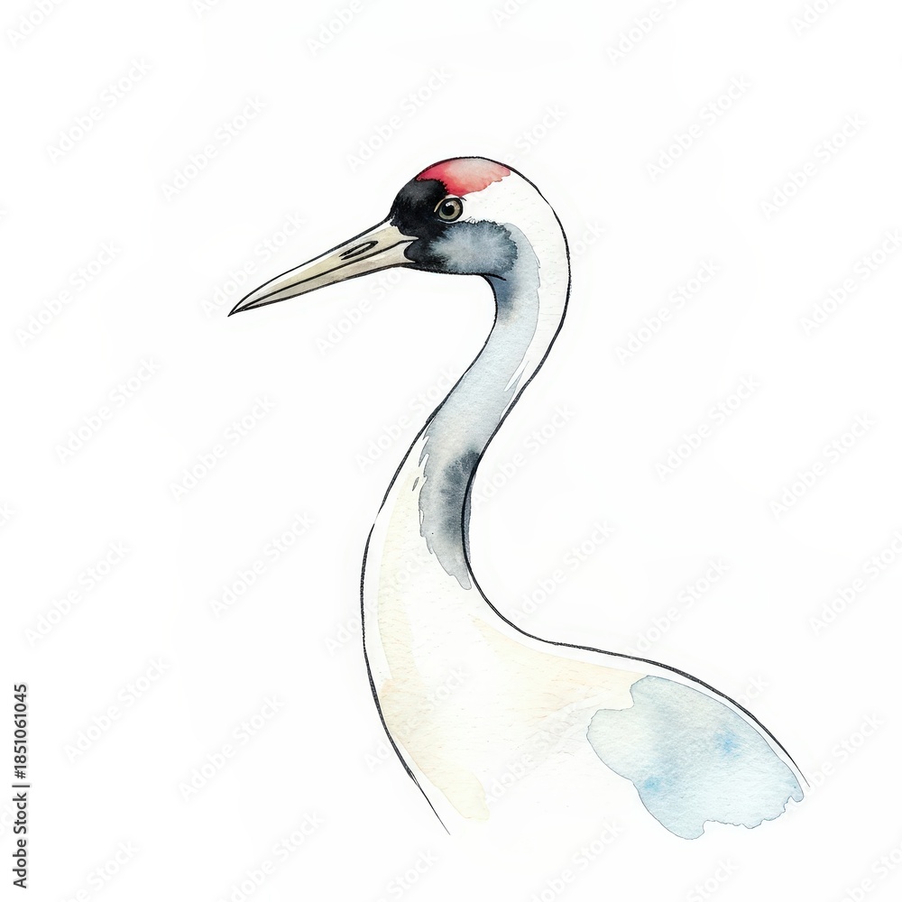 Naklejka premium Elegant Red-Crowned Crane Bird in Watercolor Style with Soft Blue and White Accents