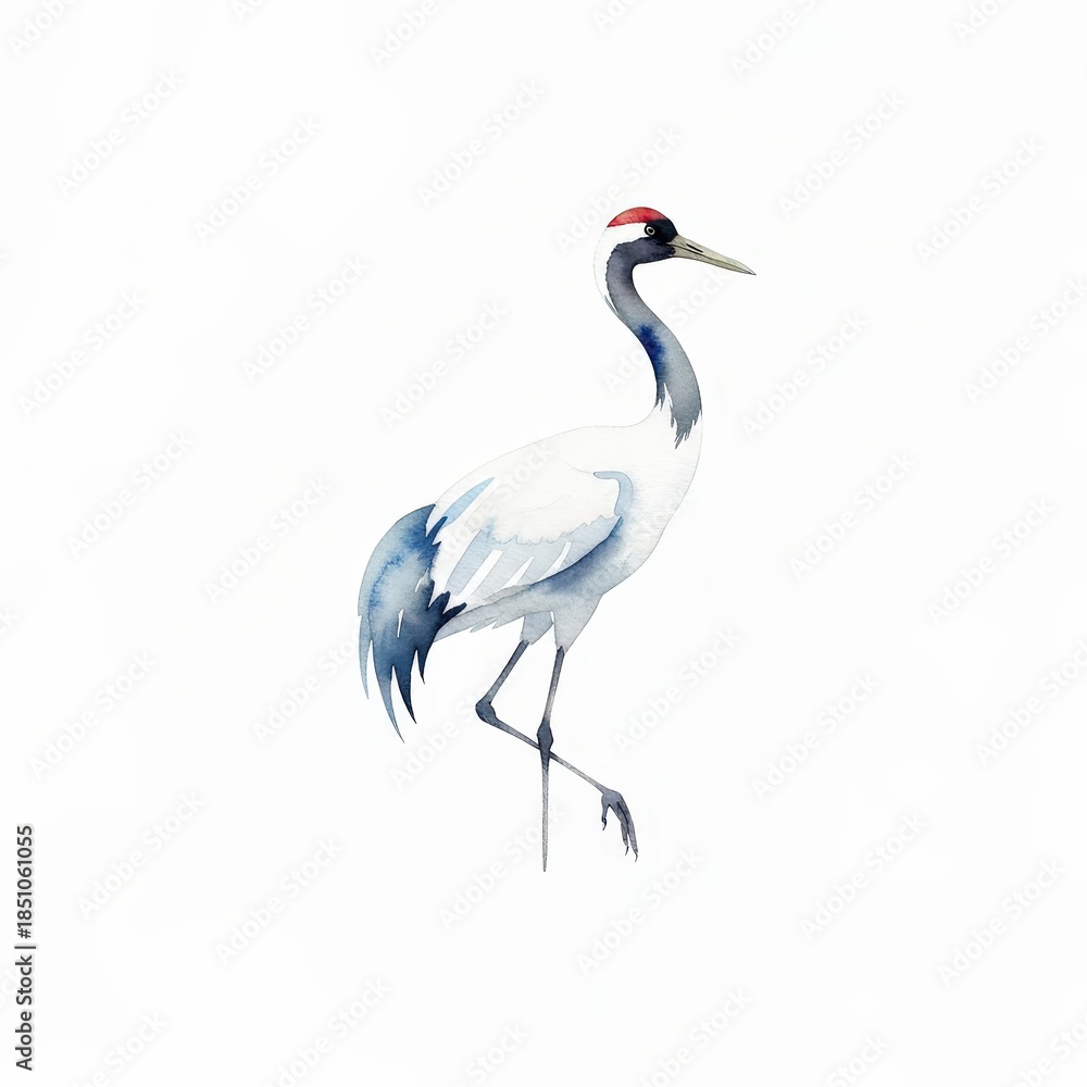 Naklejka premium Elegant Watercolor Crane Bird with Red Crown and Long Legs Standing Gracefully on One Foot