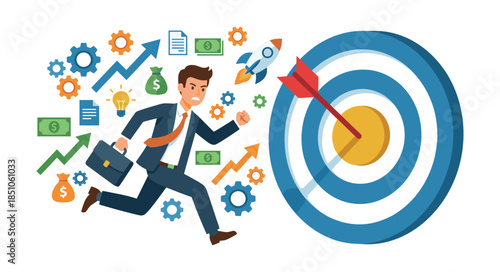 Businessman running towards target achieving business success