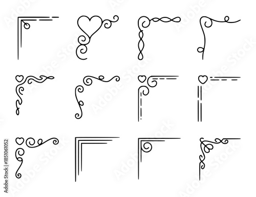 Set of black decorative corner flourishes and borders with swirls and hearts white background editable