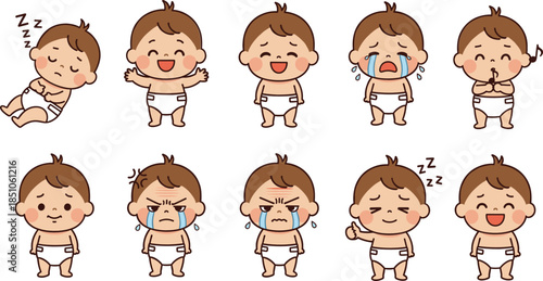 Cute Baby Emotion Vector Illustration Collection with Happy Sad Crying and Sleeping Facial Expressions