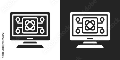 Quantum Computer Icon In Black And White Glyph Style