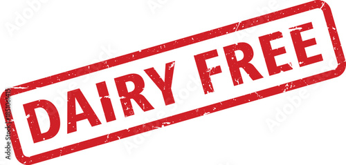 Distressed Red Dairy Free Stamp on White Background for Packaging and Labels