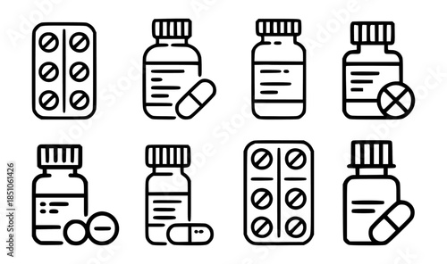 Set of simple outline representing medicine bottles blister packs and pills editable capsule
